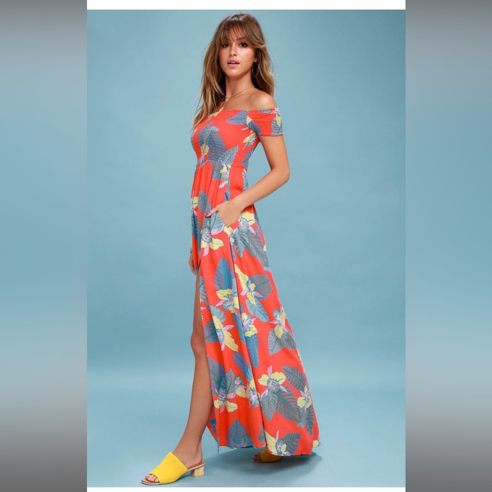 Lulu’s Patsy Coral Red Floral Print Off-the-Shoulder Maxi